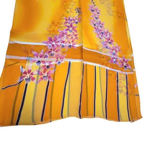 Handmade Handpainted  Pure Silk Chiffon Scarf Floral Rectangular Long Scarf - Picture 6 of 9